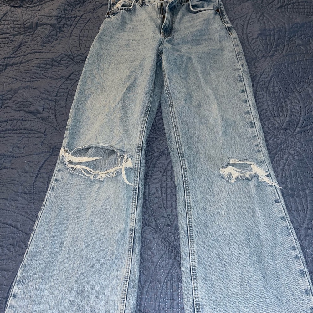 Zara Light Blue Distressed Flare Jeans